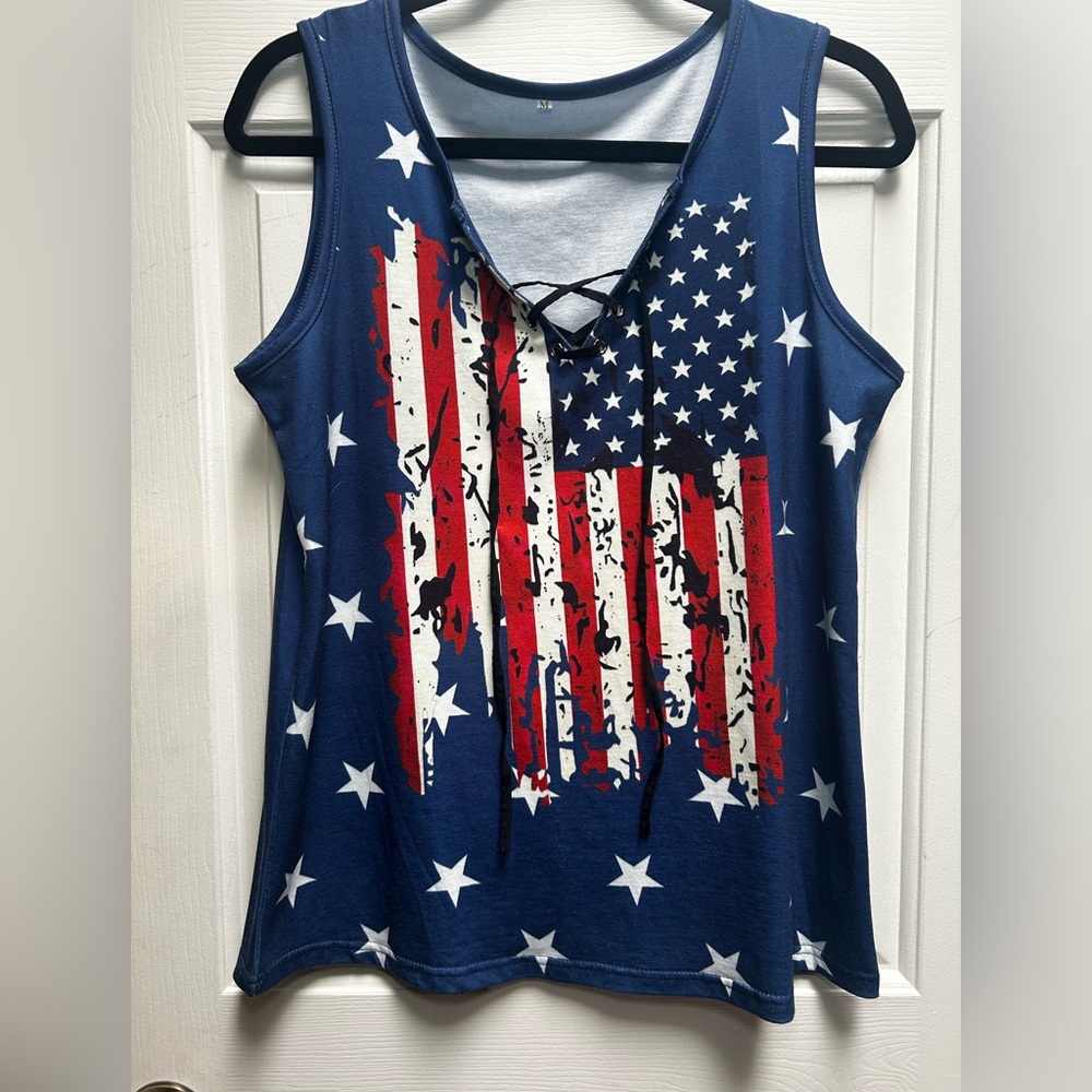 Patriotic Flag Sleeveless V-Neck Crisscross Top Size Medium Unknown Brand